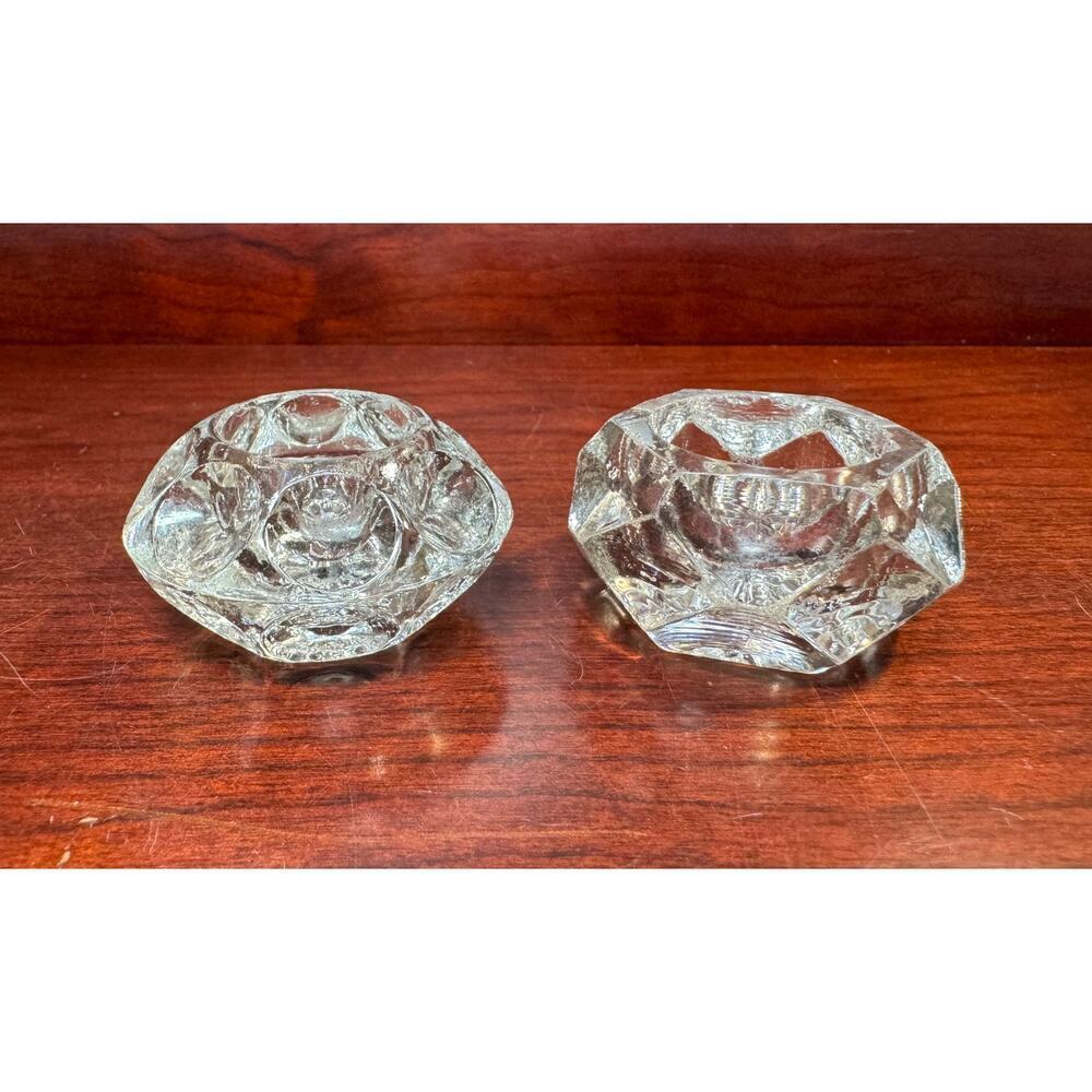 Set Of 2 Crystal Clear Glass Bubble & Star Pattern Candlestick Candle Holder